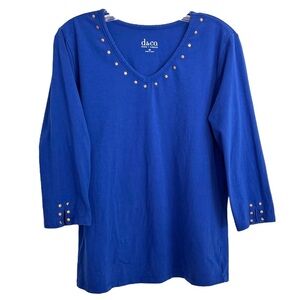 Denim & Co Size M Studded V Neck 3/4 Sleeve Stretch Top Cotton-Spandex